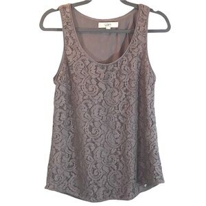 LOFT S tan/gray floral lace stretch lined tank top